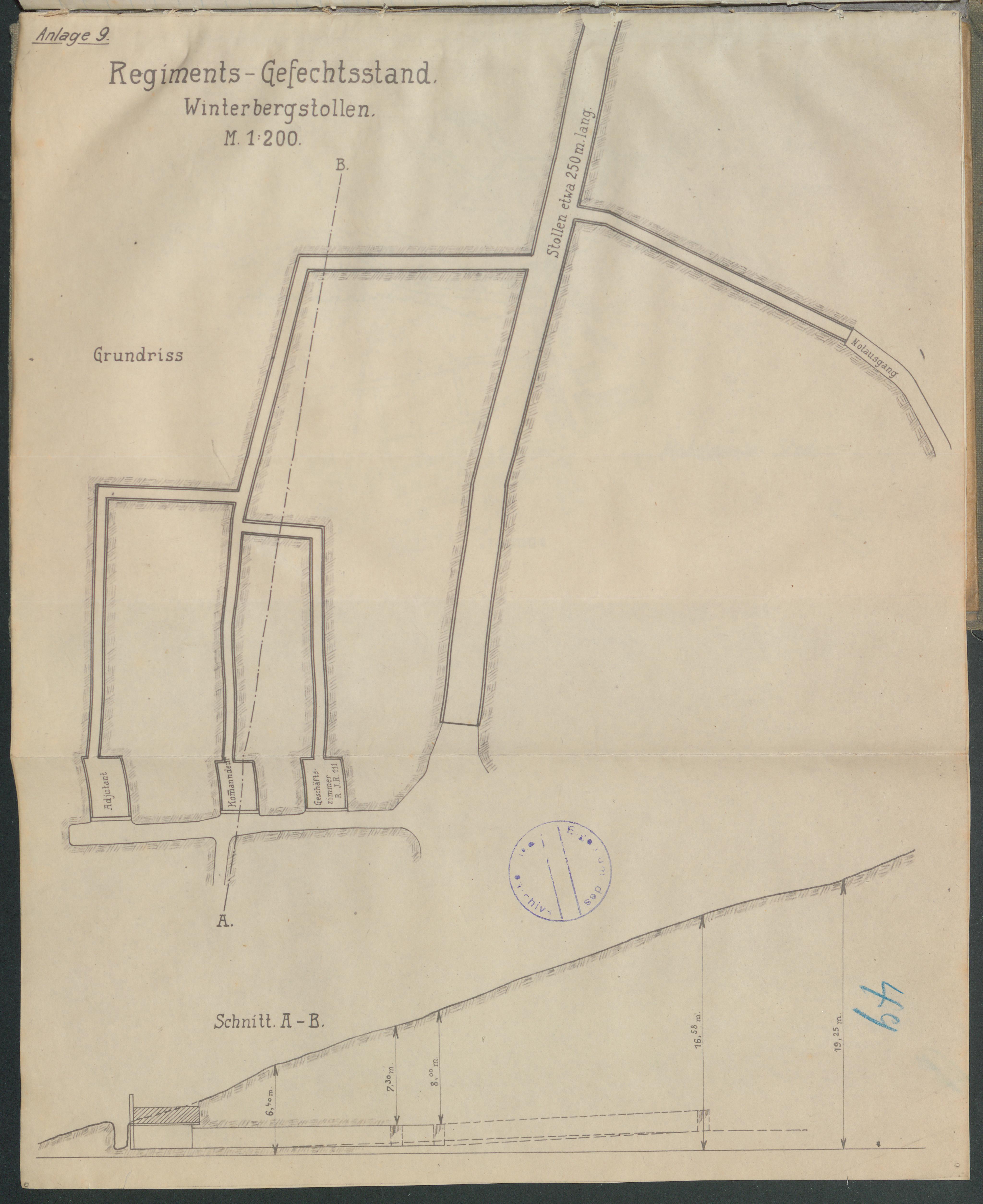  Plan des Regimentsgefechtsstands im Winterberg-Tunnel (Quelle: Landesarchiv BW, GLAK 456 F 55/336, Anlage 9)