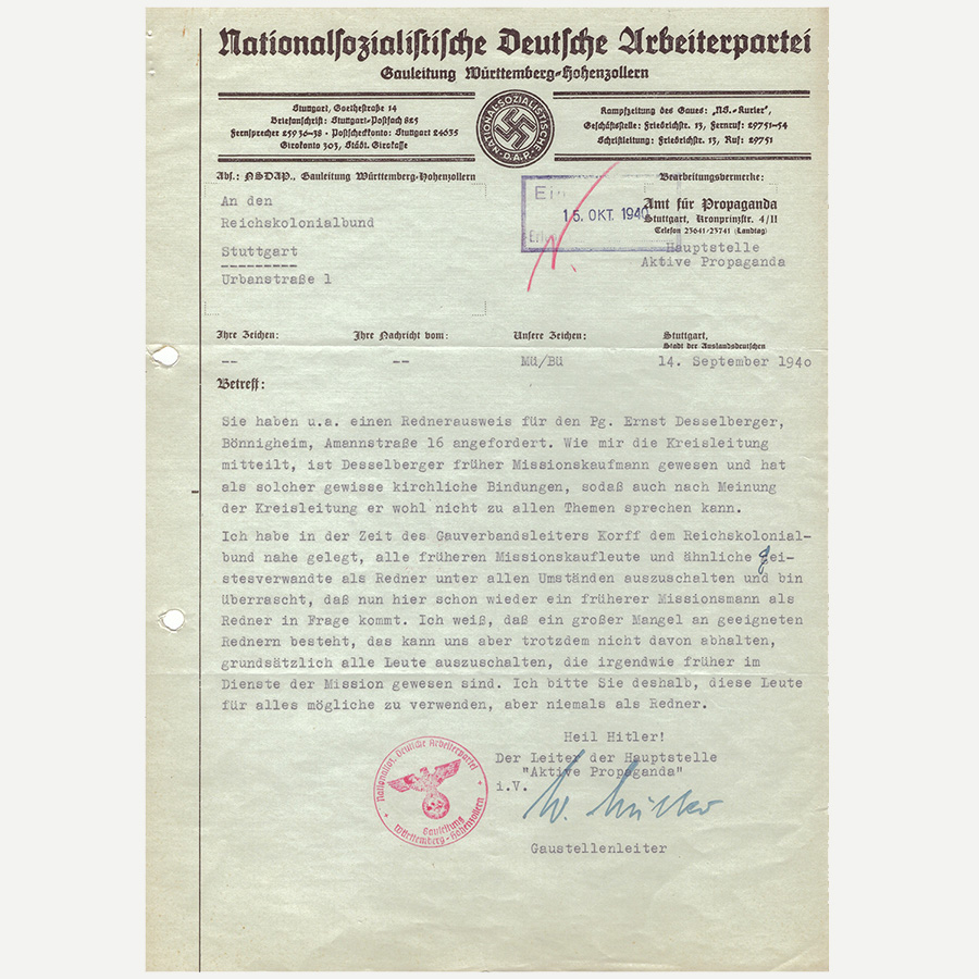 Die Intervention des Gaupropagandaamts der NSDAP in Sachen Desselberger, Vorlage: Landesarchiv BW, StAL PL 520 Bü 558