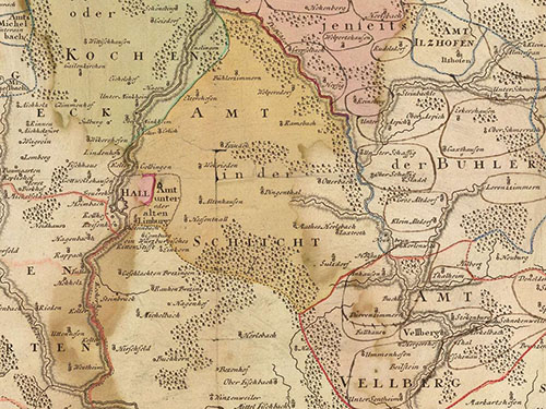 Karte des Gebiets der Reichsstadt Schwäbisch Hall (mit Großallmerspann oben rechts und dem Einkorn unten links), 1762. Vorlage: Landesarchiv BW HStAS N 100 Nr. 100