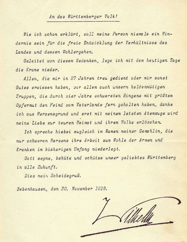 Abdankungserklärung Wilhelms II., 30. November 1918