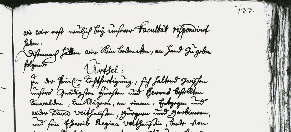 Urteil der Tübinger Juristischen Fakultät gegen David Veithannß vom 18. September 1751, (Quelle: Universitätsarchiv Tübingen 84-84)