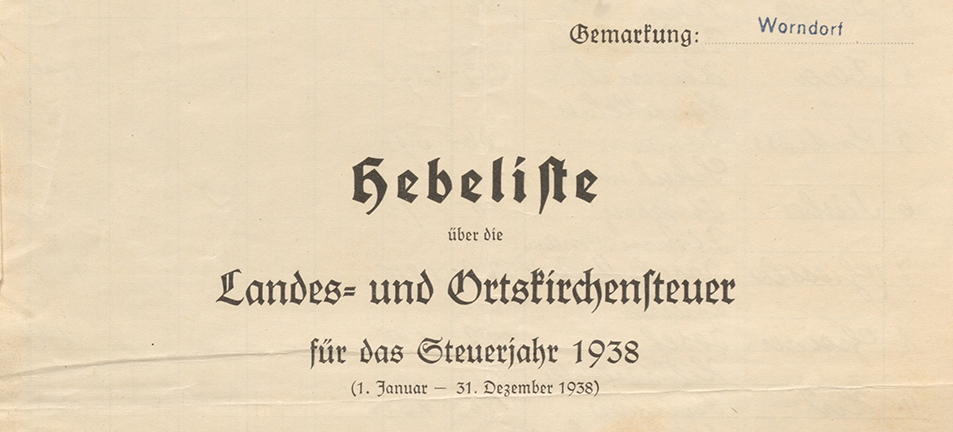 Hebeliste über die Landes- und Ortskirchensteuer für das Steuerjahr 1938, Titelblatt, (Quelle: Pfarrarchiv Worndorf 57)