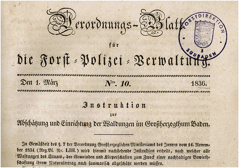 Titelblatt der Instruktion zur Abschätzung und Einrichtung der Waldungen im Großherzogtum Baden, (Vorlage: Verordnungs-Blatt für die Forst-Polizei-Verwaltung Nr. 10, März 1836)