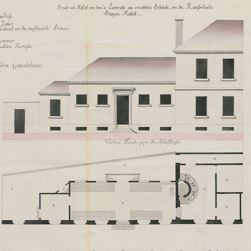 Grundriss und Ansicht der Rumfordschen Suppenanstalt, Karlsruhe 1805. Vorlage: Landesarchiv BW, GLAK G Karlsruhe 1077