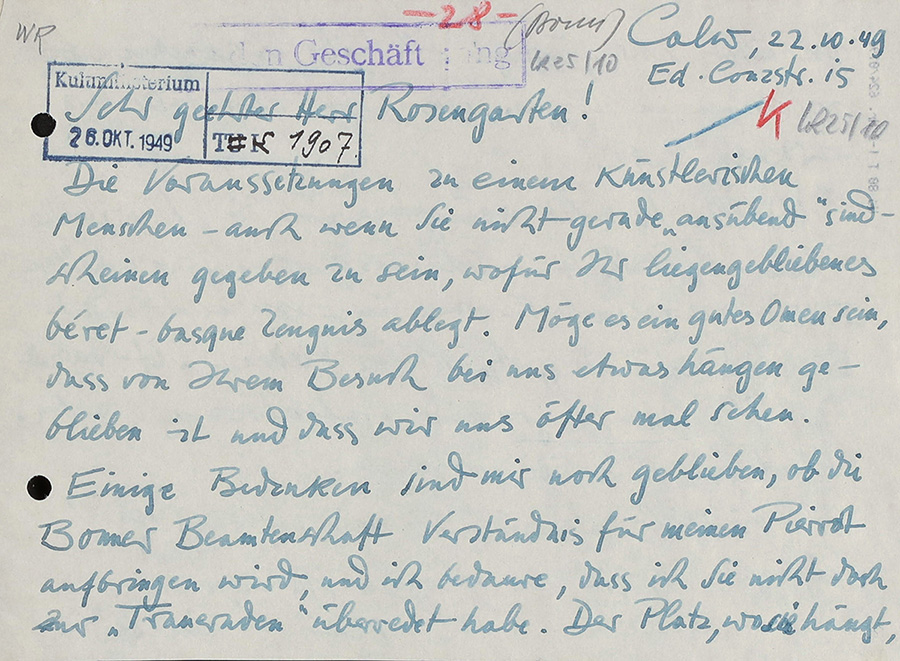 Ausschnitt aus dem Brief von Kurt Weinhold an Walter Rosengarten vom 22. Oktober 1949. Vorlage LABW (StAS Wü 80 T 1-2 Nr. 624).