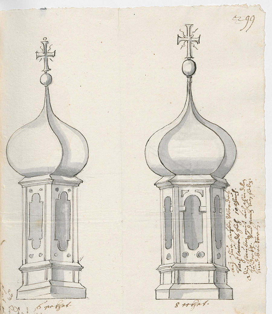 Entwürfe für die Glockentürme der Kappellen in Langenenslingen und Thalheim, 1630, Vorlage: Landesarchiv BW, StAS Ho 80 T 1 Nr. 191