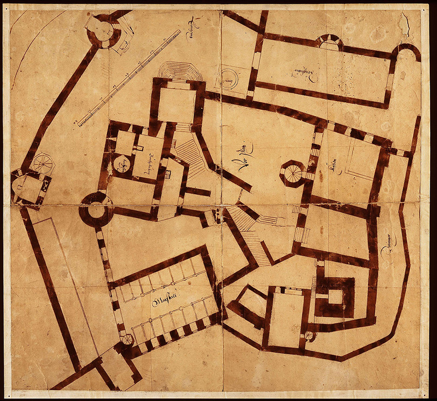 Grundriss der oberen und unteren Burg Wertheim, entstanden wohl 1611, vor der Zerstörung der Anlage, Vorlage: Landesarchiv BW, StAWt G-Rep. 106 Nr. 25
