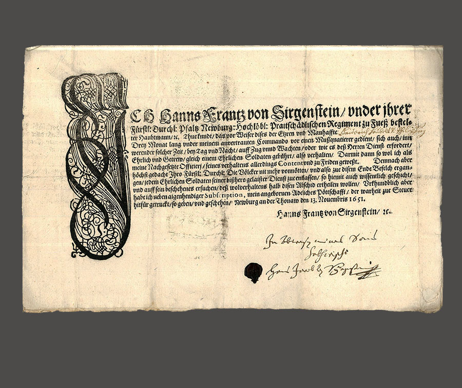 Entlassungsurkunde für Friedrich Heubelt, November 1651, Vorlage: Landesarchiv BW, StAL B 87 II Bü 930