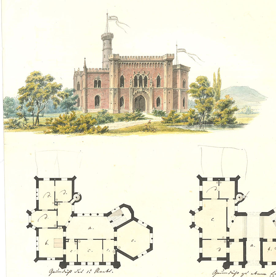 Plan eines erbprinzlichen Palais von 1838 mit Ansicht und Grundrissen des Erdgeschosses und 1. Stockes, Vorlage: Landesarchiv BW, StAS FAS HS 1-80 T 7 R 53,23/08