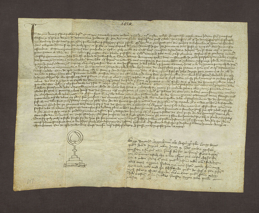 Lateinisches Notariatsinstrument: 1428 Oktober 31, ausgestellt in Willenburg von Burkhard Langenbrunner, öffentlicher Notar kaiserlicher Autorität (Quelle: Landesarchiv BW, GLAK 19 Nr. 510)