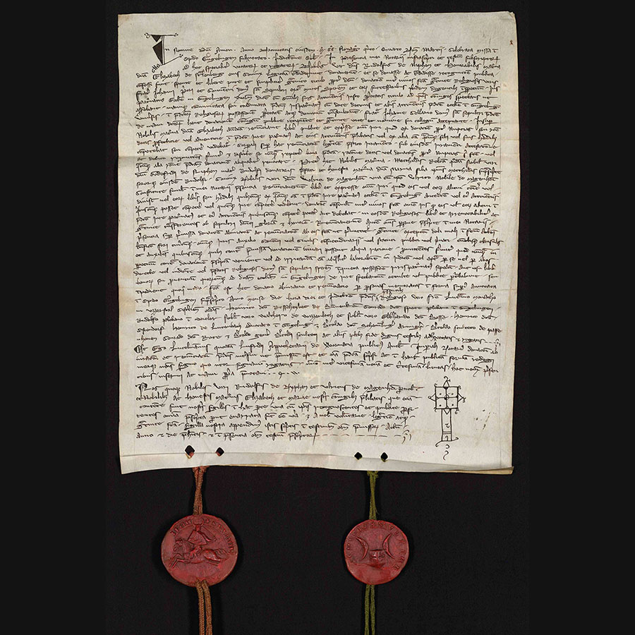 Lateinisches besiegeltes Notariatsinstrument: 1295 März 4, ausgestellt in Güglingen, besiegelt durch Rudolf von Neuffen und Ulrich von Magenheim (Quelle: Landesarchiv BW, HStAS A 601 U 98)