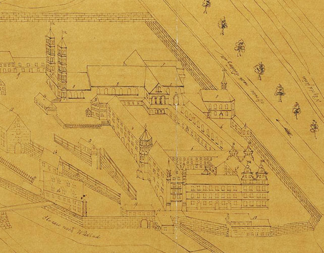 Rekonstruktion des Klosters Hirsau vor der Zerstörung 1692, Zeichnung um 1850, Quelle WLB Stuttgart