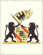 Wappenentwurf, in dem maßgeblich die Idee der Einheit des Landes unter den Staufern durch die Löwen im Schild und den Schildhaltern wiedergegeben ist