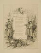 Gedenkblatt für das württ. Jäger-Regiment mit fünfundzwanzigzeiligem Versreim, Abbildung von württ. Jägern mit Marschgepäck, abgelegten Gewehren, Trommel