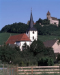 Stockheim: Pfarrkirche St. Ulrich mit Schloss Stocksberg 1992
